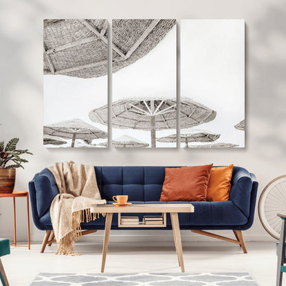 97043123-MGV-CV-36X24-Beach Umbrella Wall Art – Minimalist Coastal Canvas Print, Woven Parasol Summer Decor for Bedroom, Living Room, or Modern Beach