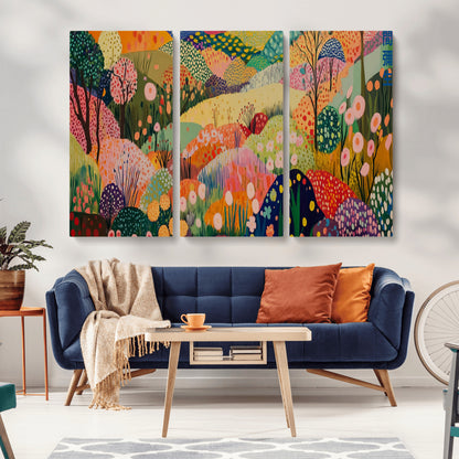 79636380-MGV-CV-36X24-Colorful Abstract Landscape Wall Art – Vibrant Hills and Flowers Canvas Print, Modern Whimsical Artwork for Living Room, Bedroom,
