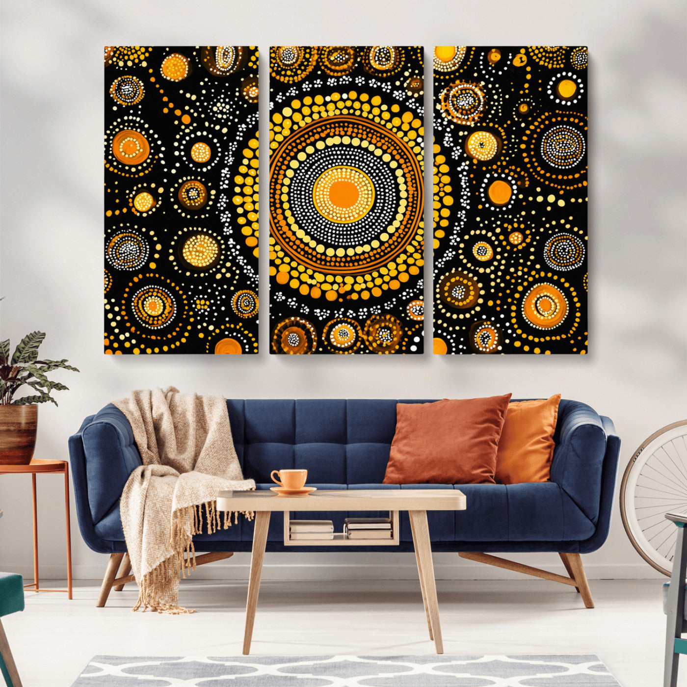 45478523-MGV-CV-36X24-Abstract Circle Wall Art – Bold Black and Gold Dot Painting Canvas Print, Modern Geometric Mandala Style Decor for Living Room or