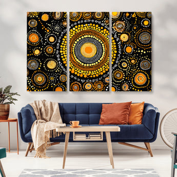 45478523-MGV-CV-36X24-Abstract Circle Wall Art – Bold Black and Gold Dot Painting Canvas Print, Modern Geometric Mandala Style Decor for Living Room or