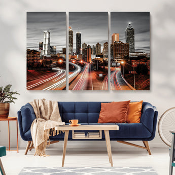 59097239-MGV-CV-36X24-City Skyline Wall Art – Modern Black and White Night Canvas Print with Red Light Trails, Urban Landscape Decor for Living Room or