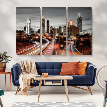 59097239-MGV-CV-36X24-City Skyline Wall Art – Modern Black and White Night Canvas Print with Red Light Trails, Urban Landscape Decor for Living Room or