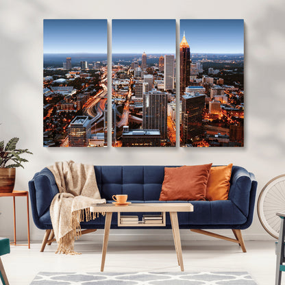 25096967-MGV-CV-36X24-Atlanta Skyline Wall Art – Vibrant Cityscape Canvas Print, Modern Night Lights Urban Decor for Office, Living Room, or Apartment