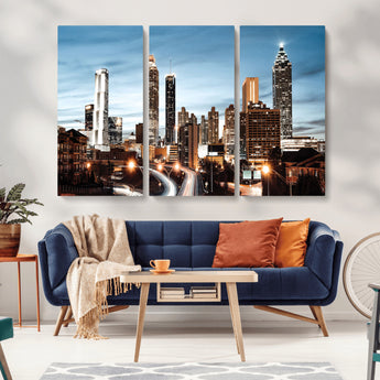 23859158-MGV-CV-36X24-Atlanta Skyline Wall Art – Modern Cityscape Canvas Print with Night Lights and Traffic Trails, Urban Decor for Office, Apartment,