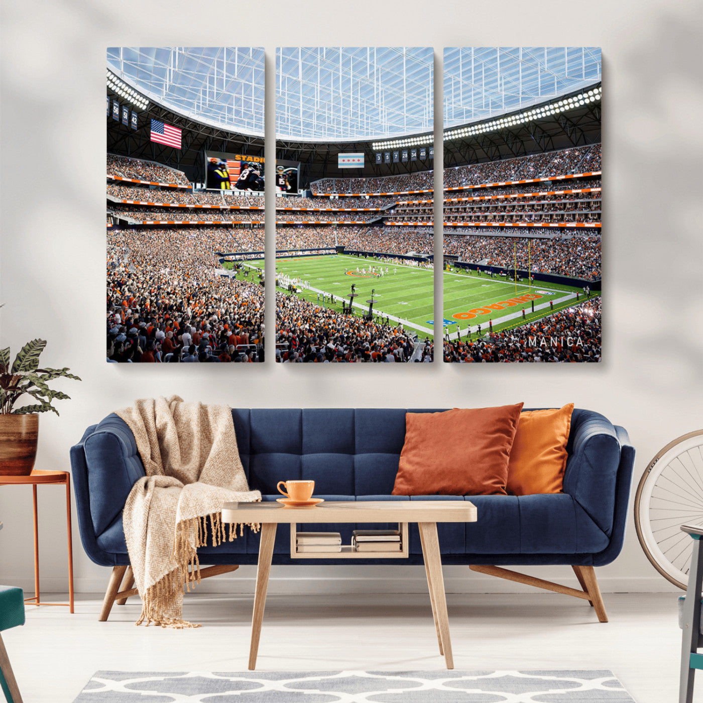 32530647-MGV-CV-36X24-Chicago Bears Stadium Wall Art – Futuristic Dome Arena Canvas Print, Modern Football Concept Design Decor for Man Cave, Bar, or