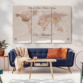 95243244-MGV-CV-36X24-Wander Often Wonder Always World Map Wall Art – Neutral Beige Adventure Canvas Print, Rustic Boho Travel Decor for Bedroom, Living