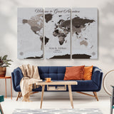 43749658-MGV-CV-36X24-Welcome to Great Adventure World Map Wall Art – Charcoal Gray Canvas Print, Rustic Travel Decor for Living Room, Study, Office or