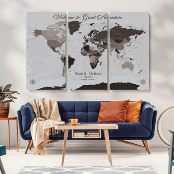 43749658-MGV-CV-36X24-Welcome to Great Adventure World Map Wall Art – Charcoal Gray Canvas Print, Rustic Travel Decor for Living Room, Study, Office or