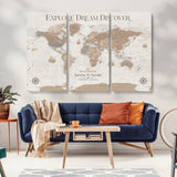 63516865-MGV-CV-36X24-Explore Dream Discover World Map Wall Art – Inspirational Travel Adventure Canvas Print, Neutral Parchment Style Explorer Decor