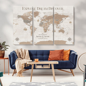 63516865-MGV-CV-36X24-Explore Dream Discover World Map Wall Art – Inspirational Travel Adventure Canvas Print, Neutral Parchment Style Explorer Decor