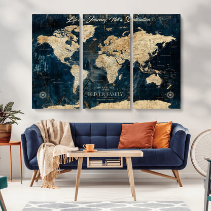 36970886-MGV-CV-36X24-Life is a Journey Not a Destination World Map Rustic Navy Beige Vintage Travel Wall Art Adventure Quote Canvas Print for Home