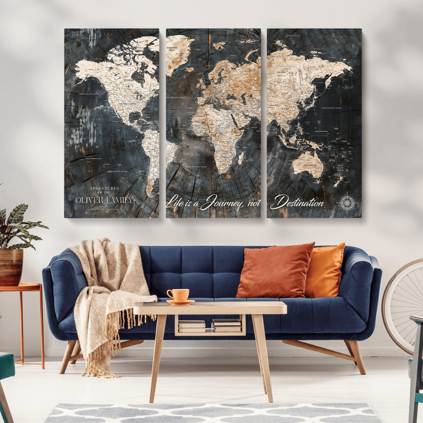 37848568-MGV-CV-36X24-Life is a Journey Not a Destination World Map Rustic Wood Texture Vintage Beige Navy Adventure Wall Art Canvas Print for Home