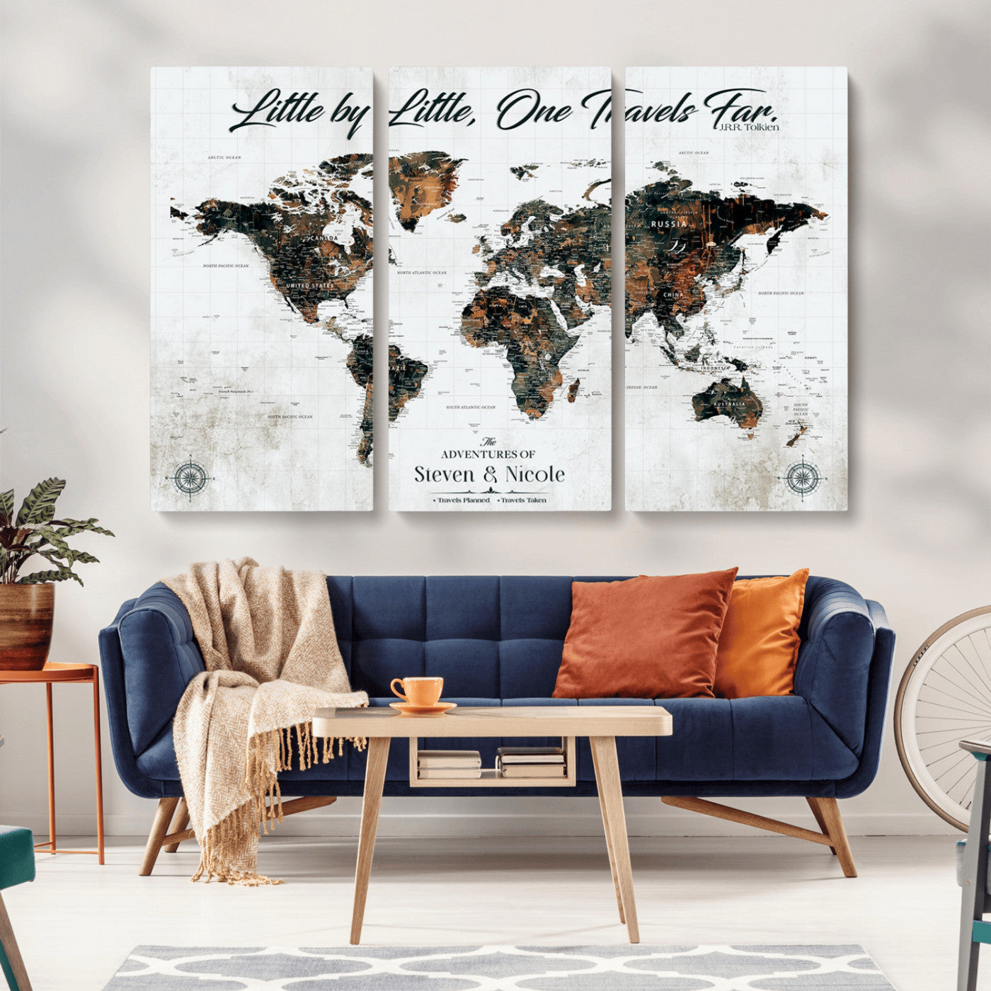 88337180-MGV-CV-36X24-Little by Little One Travels Far Tolkien Quote World Map Rustic Black Brown Adventure Wall Art Canvas Print for Home Office Living