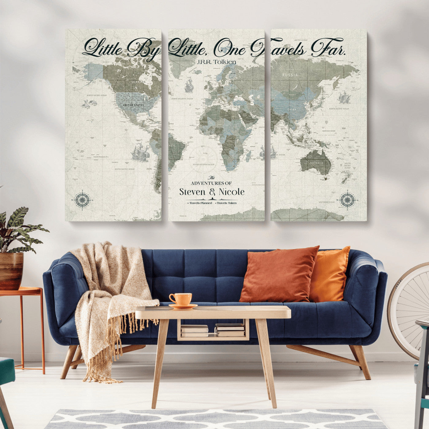 10693204-MGV-CV-36X24-Little By Little One Travels Far Tolkien Quote Blue Green World Map Adventure Wall Art Canvas Print Rustic Wanderlust Travel Decor