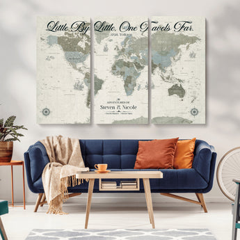 10693204-MGV-CV-36X24-Little By Little One Travels Far Tolkien Quote Blue Green World Map Adventure Wall Art Canvas Print Rustic Wanderlust Travel Decor
