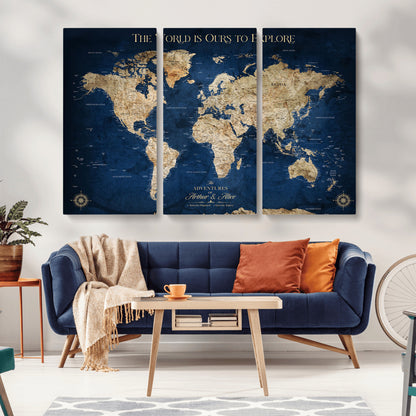 54782997-MGV-CV-36X24-The World is Ours to Explore Wall Art – Blue World Map Canvas Print, Adventure Travel Decor for Home, Office or Living Room,