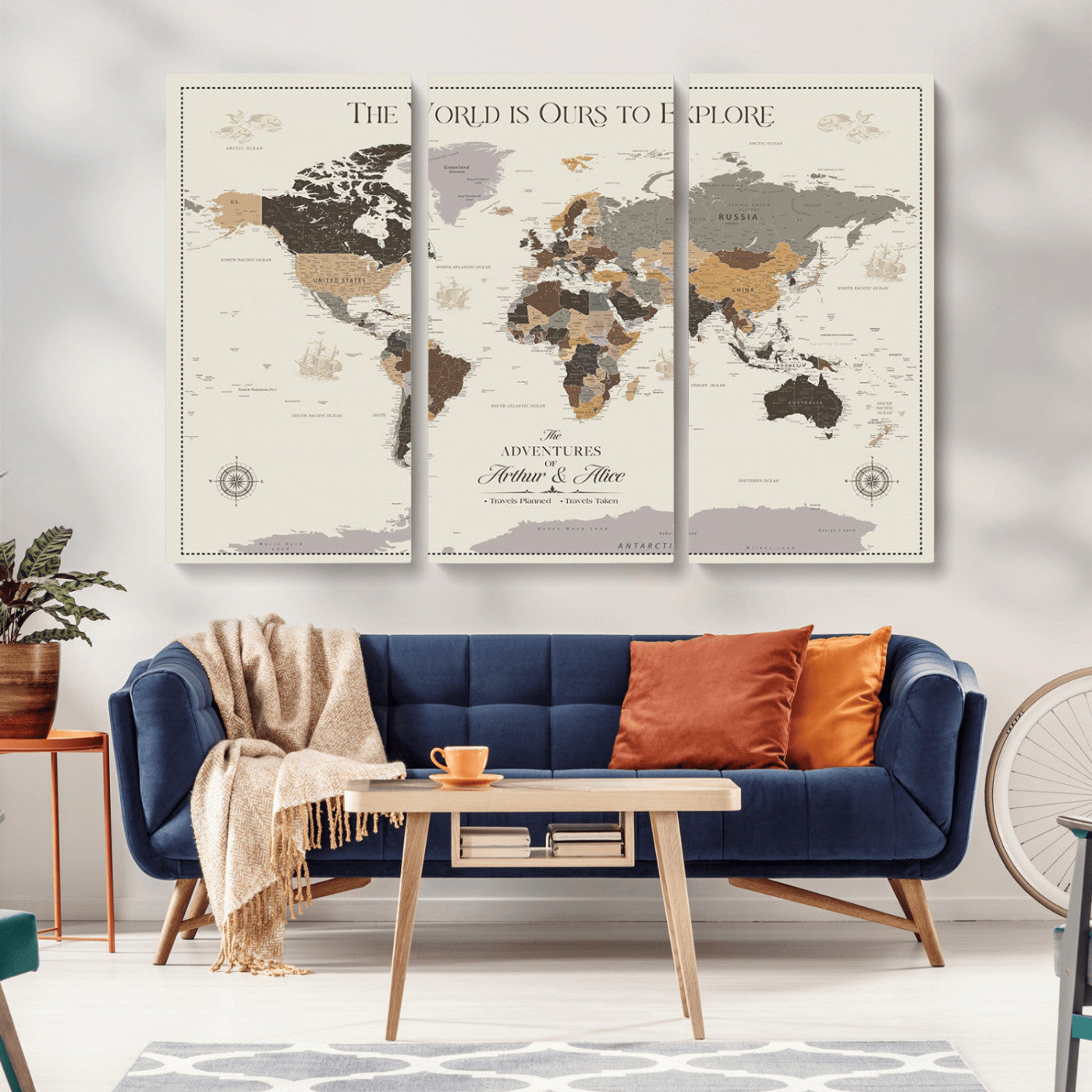 90024882-MGV-CV-36X24-The World is Ours to Explore Wall Art – Earth Tone World Map Canvas Print, Adventure Travel Decor for Living Room, Office or