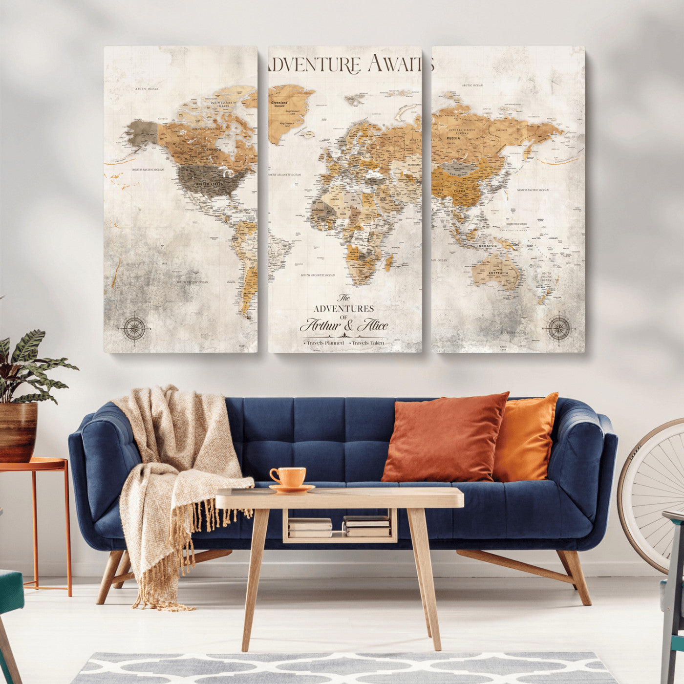 99422096-MGV-CV-36X24-Adventure Awaits World Map Wall Art – Neutral Beige Canvas Print, Modern Travel Inspired Wall Decor for Living Room, Bedroom or