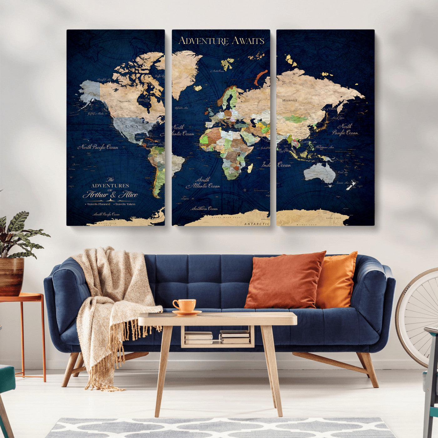 43160428-MGV-CV-36X24-Adventure Awaits Navy Blue World Map – Vibrant Travel Canvas Wall Art, Antique Atlas Print, Wanderlust Decor for Home Office