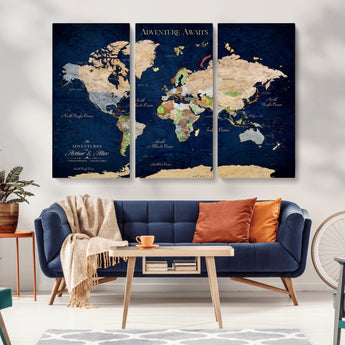 43160428-MGV-CV-36X24-Adventure Awaits Navy Blue World Map – Vibrant Travel Canvas Wall Art, Antique Atlas Print, Wanderlust Decor for Home Office