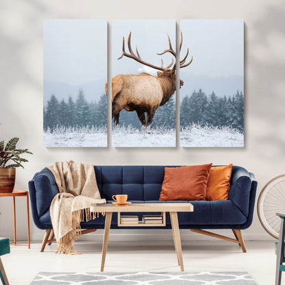 85177251-MGV-CV-36X24-Elk Wall Art – Majestic Wildlife Canvas Print of Bull Elk Snowy Forest, Rustic Nature Decor for Living Room, Cabin, or Office