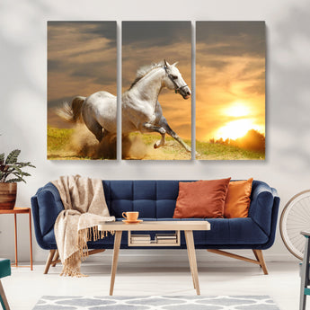 44295212-MGV-CV-36X24-Horse Wall Art – Running White Stallion Canvas Print with Sunset Background, Western Wildlife Decor for Living Room, Office, or