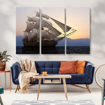 31270610-MGV-CV-36X24-Sailing Ship Wall Art – Sunset Seascape Canvas Print with Tall Ship at Sea, Nautical Ocean Decor for Living Room, Office, or