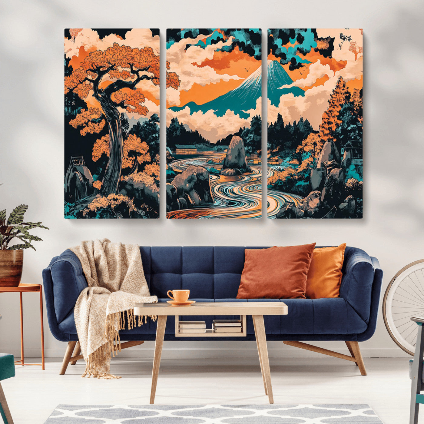 21638941-MGV-CV-36X24-Japanese Landscape Wall Art – Mount Fuji and Flowing River Ukiyo-e Style Canvas Print, Traditional Japan Inspired Artwork for