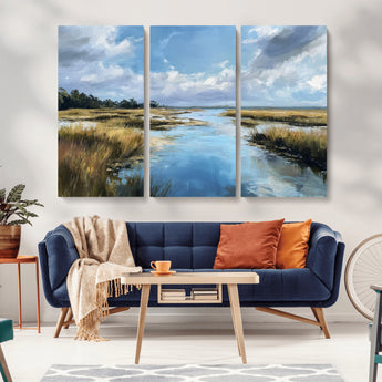 87082041-MGV-CV-36X24-Painted Marshland Canvas Wall Art – Serene Water Reflection, Blue Sky, Golden Grass Landscape, Calm Nature Decor for Home, Office,