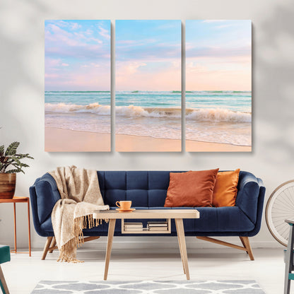 88024944-MGV-CV-36X24-Beach Landscape Wall Art – Coastal Ocean Canvas Print with Gentle Waves and Pastel Sky, Serene Seascape Photography for Living