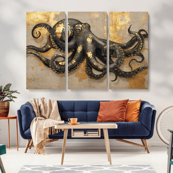 57944271-MGV-CV-48X32-3P-Octopus Wall Art – Black and Gold Nautical Canvas Print, Modern Ocean Inspired Artwork with Elegant Detailing, Coastal Marine