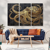47056538-MGV-CV-36X24-Octopus Canvas Wall Art – Gold Detail, Wooden Texture, Marine Life, Ocean Creature Tentacles, Nautical Coastal Rustic Decor for