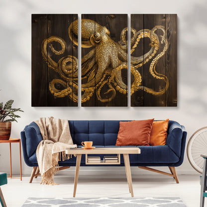 56769669-MGV-CV-36X24-Octopus Wall Art – Gold Nautical Canvas Print with Rustic Wood Panel Design, Detailed Marine Artwork for Coastal Ocean Decoration