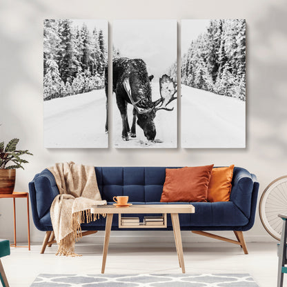 38956835-MGV-CV-36X24-Moose Wall Art – Black and White Wildlife Canvas Print with Snowy Forest Road, Rustic Nature Photography for Cabin, Lodge, Living