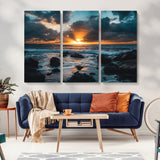 66040852-MGV-CV-36X24-Ocean Sunset Canvas Wall Art – Rocky Shore Waves, Dramatic Clouds, Golden Sun Rays, Coastal Nature, Serene Water Reflection for