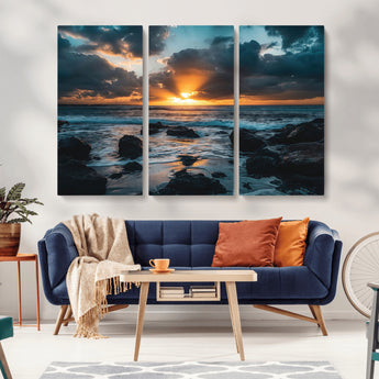 66040852-MGV-CV-36X24-Ocean Sunset Canvas Wall Art – Rocky Shore Waves, Dramatic Clouds, Golden Sun Rays, Coastal Nature, Serene Water Reflection for