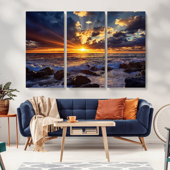 35900590-MGV-CV-36X24-Ocean Sunset Wall Art – Vivid Seascape Canvas Print with Sunburst Sky, Crashing Waves and Rocky Shore, Dramatic Coastal