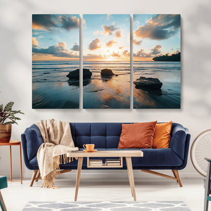 23879436-MGV-CV-36X24-Ocean Sunset Wall Art – Serene Seascape Canvas Print with Golden Sky, Reflections on Sand and Calm Waves, Peaceful Coastal