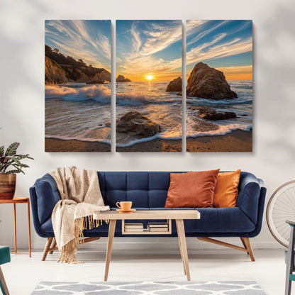 85659923-MGV-CV-36X24-Rocky Ocean Sunset Canvas Wall Art – Seaside Dramatic Seascape Print, Coastal Modern Decor, Ocean Sunset Art for Living Room or