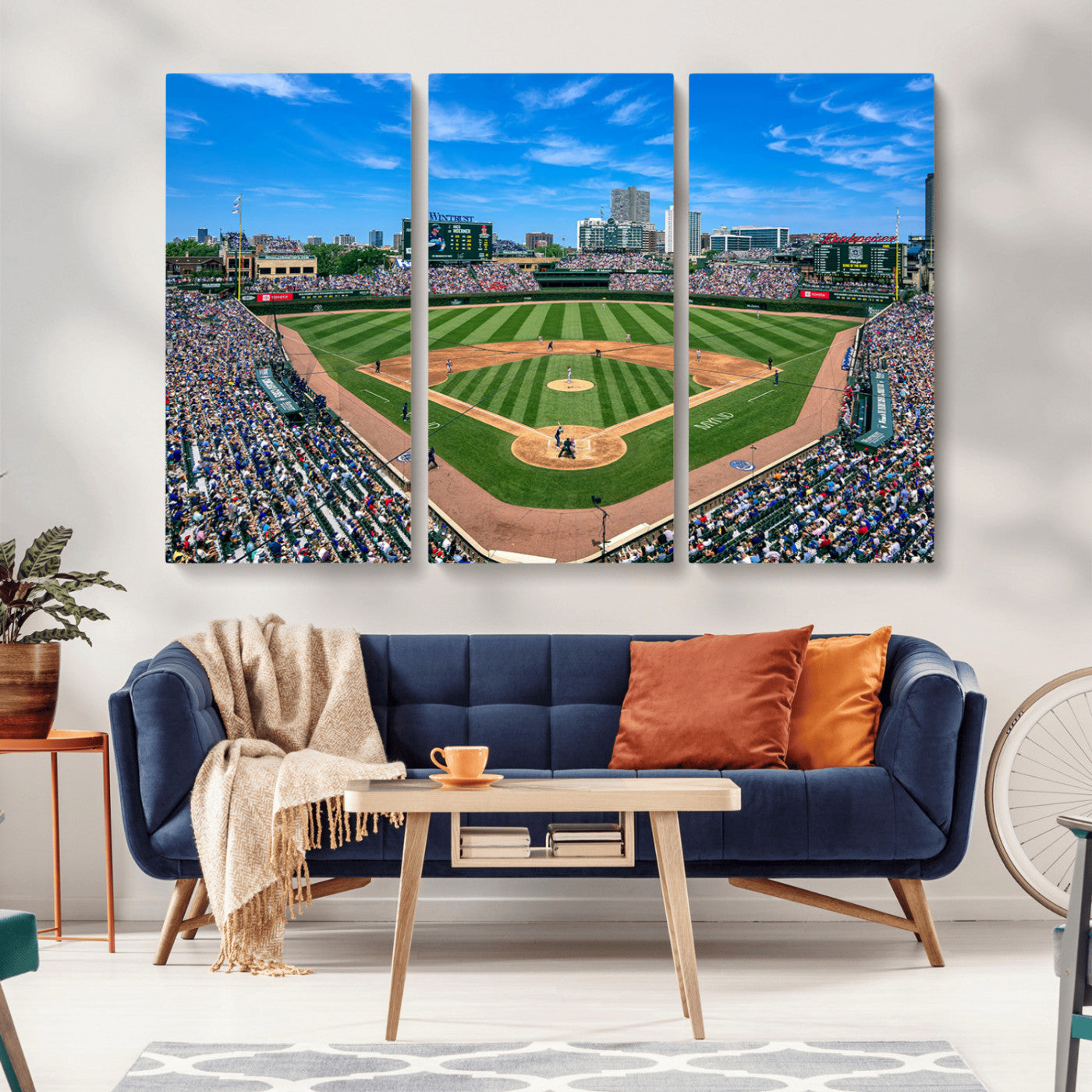 56213978-MGV-CV-36X24-Wrigley Field Baseball Stadium Canvas Wall Art – Packed Crowd Sports Stadium Print, City Skyline Baseball Field Canvas for Game