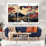 28945903-MGV-CV-48X32-3P-Japanese Wall Art – Mount Fuji Canvas Print with Cherry Blossoms and Golden Wave Motifs, Traditional Asian Inspired Artwork for