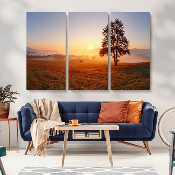 57919623-MGV-CV-36X24-Golden Sunrise Landscape Canvas Wall Art - Framed Misty Field Print, Large Nature Canvas for Living Room, Office, or Home Decor