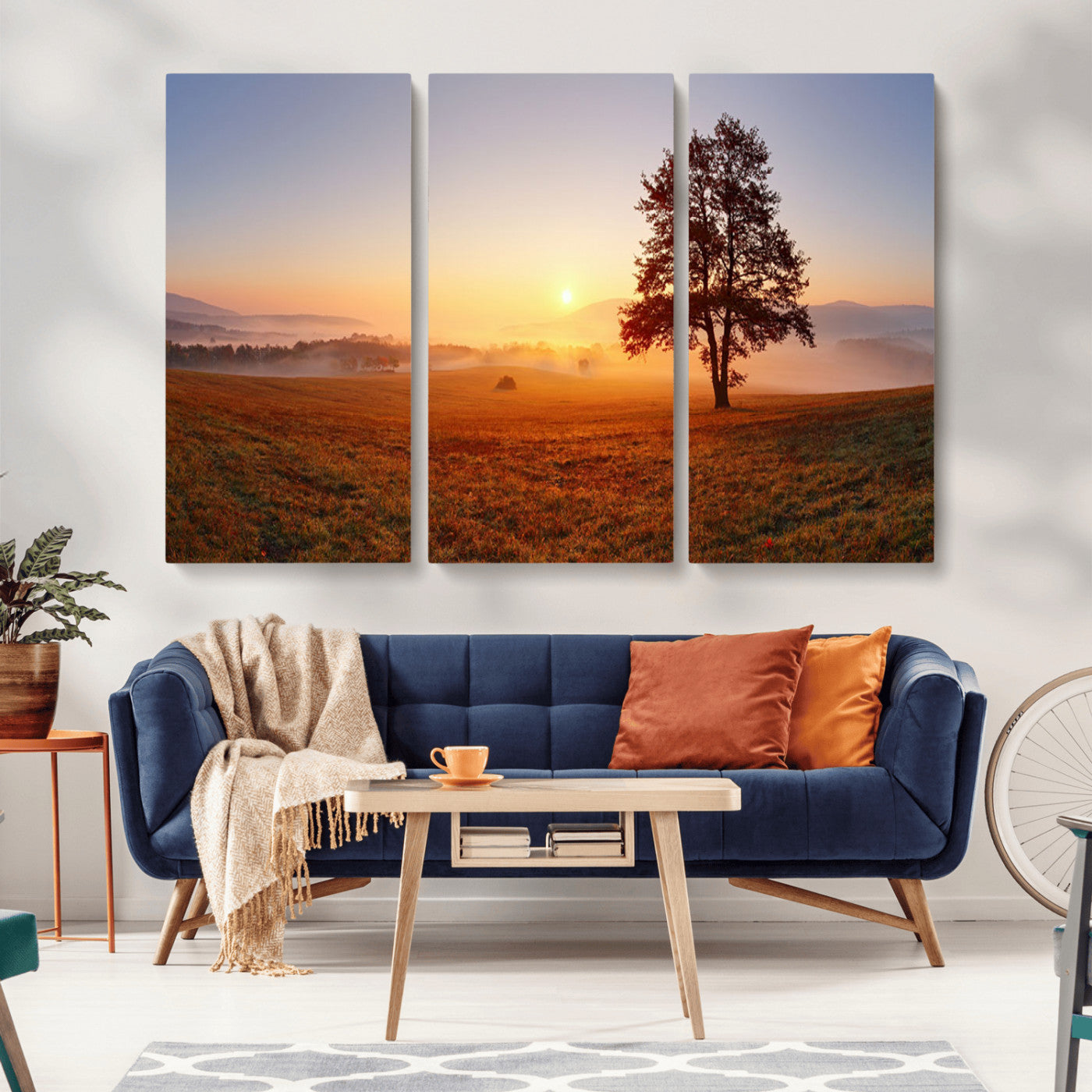 57919623-MGV-CV-36X24-Sunrise Landscape Wall Art – Golden Morning Canvas Print with Tree, Misty Hills and Open Field, Peaceful Nature Photography for