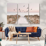 34632598-MGV-CV-36X24-Coastal Pathway Canvas Wall Art – Framed Seaside Landscape, Large Beach and Birds Canvas Print for Home, Office, or Living Room