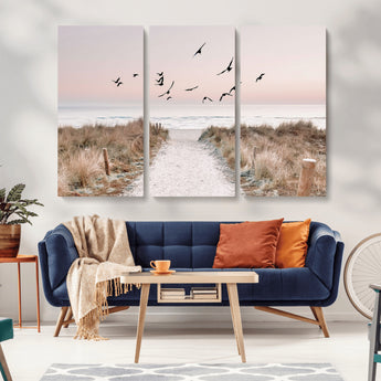 34632598-MGV-CV-36X24-Coastal Pathway Canvas Wall Art – Framed Seaside Landscape, Large Beach and Birds Canvas Print for Home, Office, or Living Room