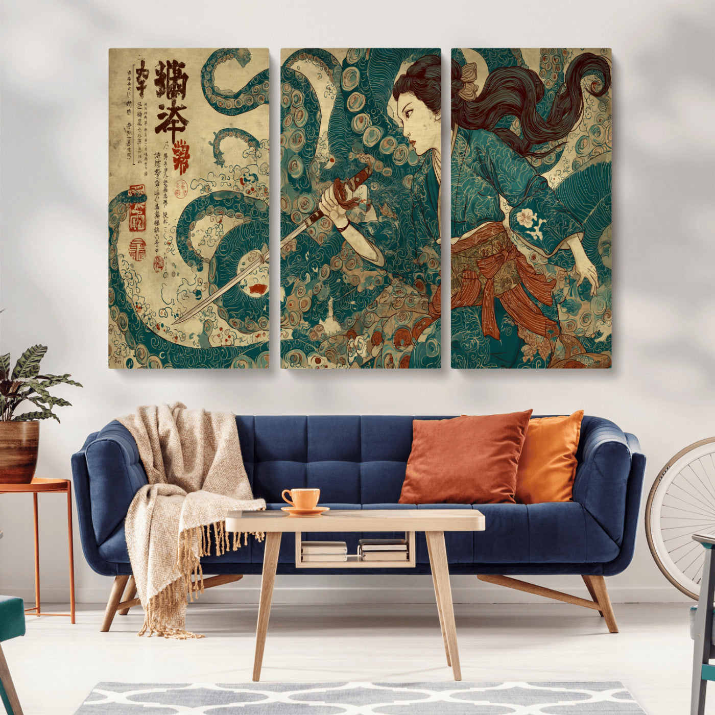 46837670-MGV-CV-36X24-Tsukioka Yoshitoshi Samurai Wall Art Print, Japanese Katana Warrior Canvas Wall Art, Octopus Sea Monster Canvas Print,