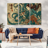 46837670-MGV-CV-36X24-Tsukioka Yoshitoshi Samurai Wall Art Print, Japanese Katana Warrior Canvas Wall Art, Octopus Sea Monster Canvas Print,