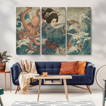 52037775-MGV-CV-36X24-Tsukioka Yoshitoshi Samurai Wall Art Print, Japanese Katana Warrior Canvas Wall Art, Octopus Sea Monster Canvas Print,
