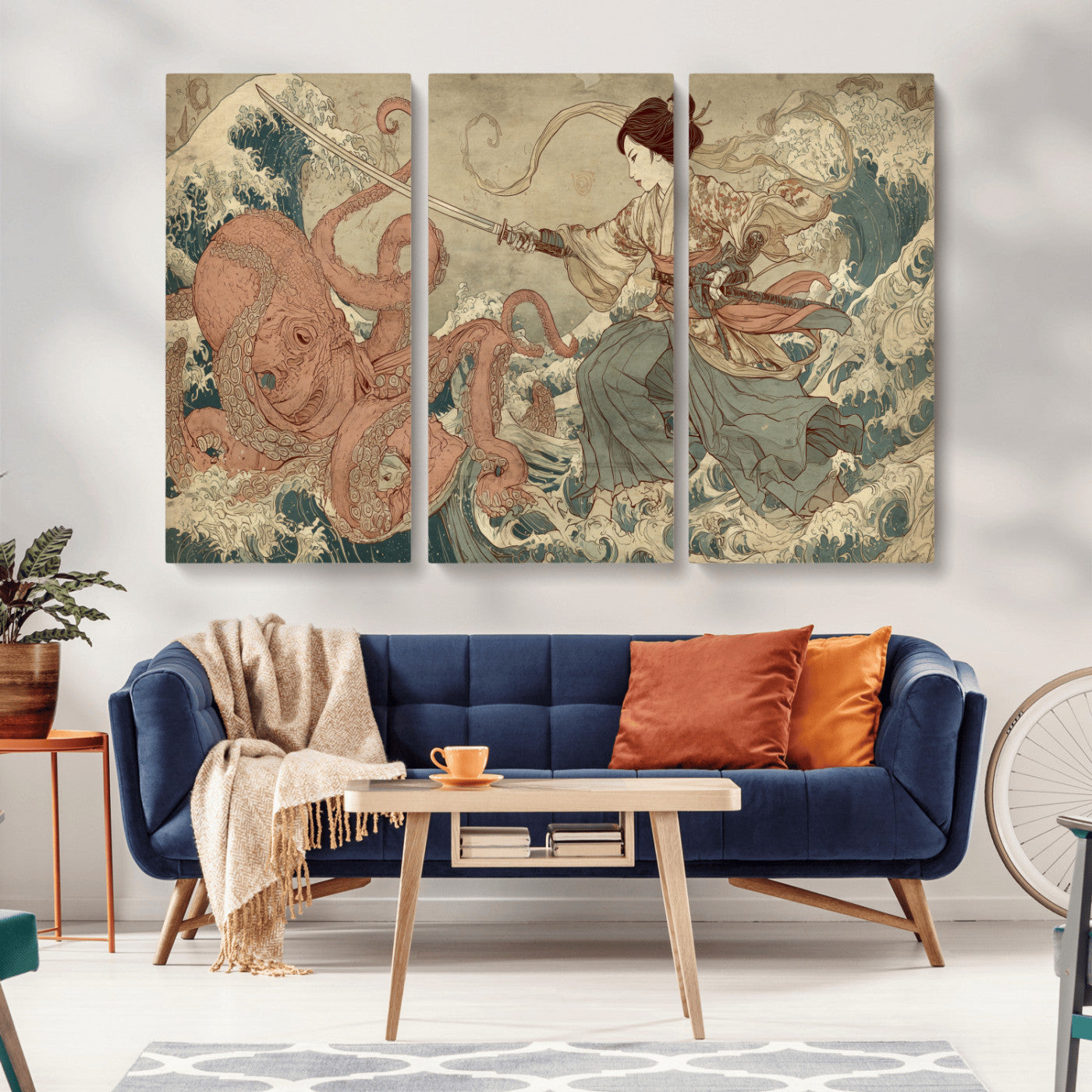 54879547-MGV-CV-36X24-Samurai Woman Wall Art – Japanese Ukiyo-e Style Canvas Print with Katana and Octopus, Traditional Asian Inspired Battle Artwork