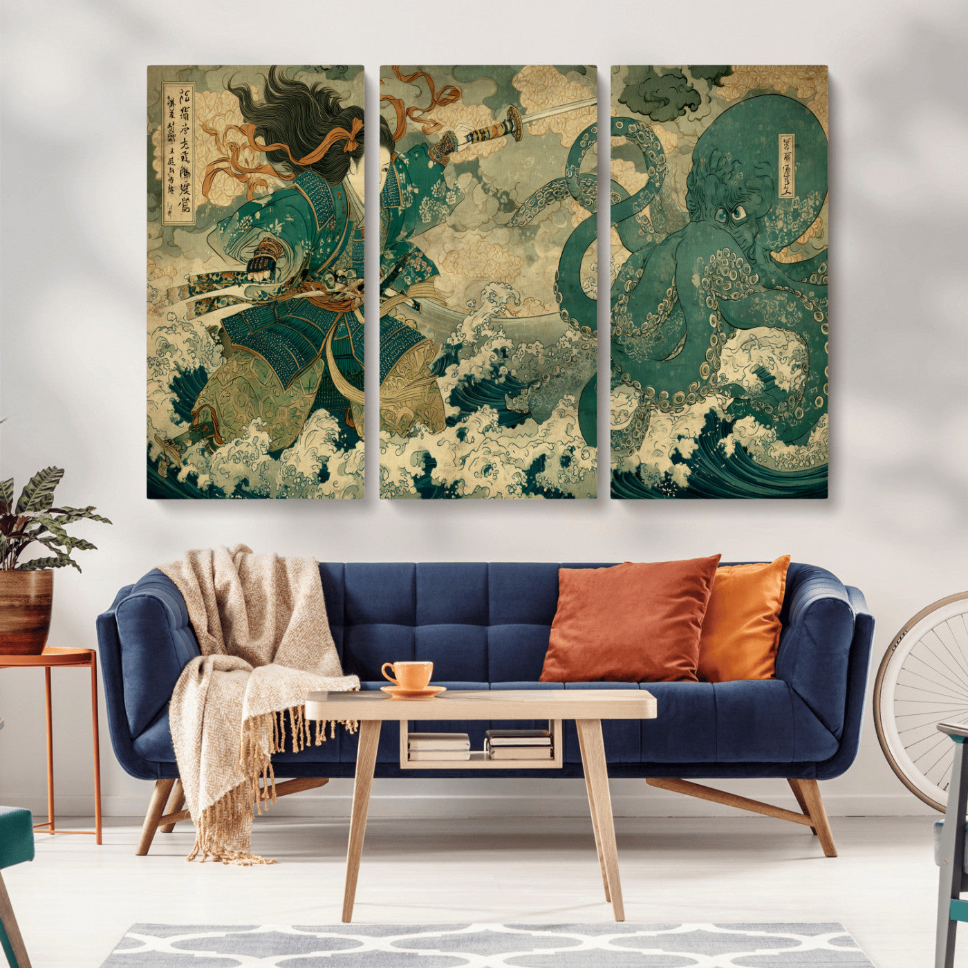 24416422-MGV-CV-36X24-Samurai vs Octopus Wall Art – Japanese Warrior Ocean Battle Canvas Print, Ukiyo e Inspired Decor for Home, Office, or Man Cave